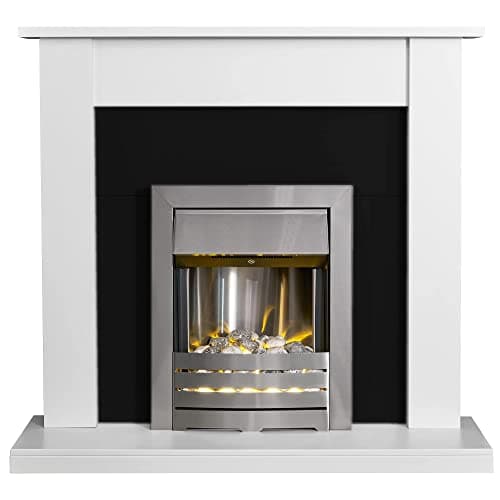 Image of Adam Sutton Fireplace in Pure White & Black with Helios Electric Fire in Brushed Steel, 43 Inch