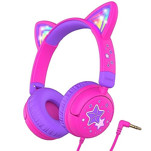 Image of iClever Kids Headphones, LED Light Up Cat Ear, 85dBA Safe Volume, Toddler Headphones, Stereo Sound, Foldable 3.5mm Wired Kids Headphone for School Travel Tablets