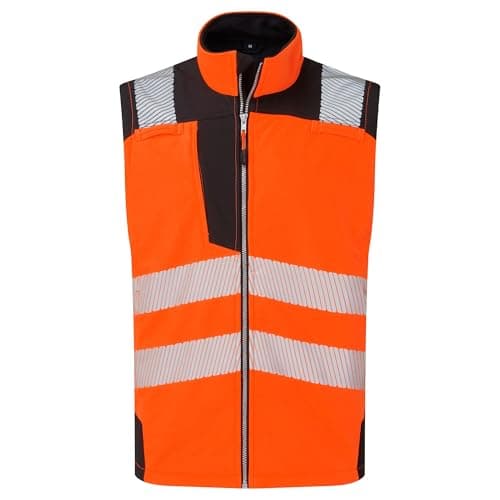 Image of Portwest PW325 PW3 Hi Vis Softshell Gilet Waterproof Windproof Breathable Durable Work Vest Reflective Trim Multiple Pockets Modern Fit Certified Safety, Orange/Black, XL