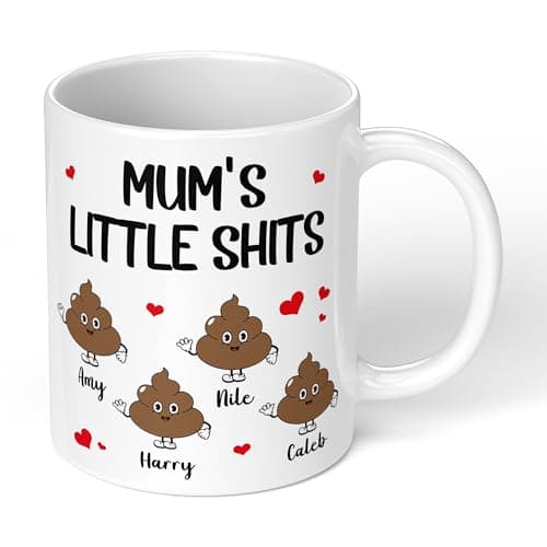 Image of Personalised Funny Mum Mug | Custom Names Mug | “Mum’s Little Sh*ts” Cheeky Design | Rude Humour Gift for Mum, Mummy, Grandma | Ceramic Coffee Tea Cup | Birthday, Mother’s Day, Christmas