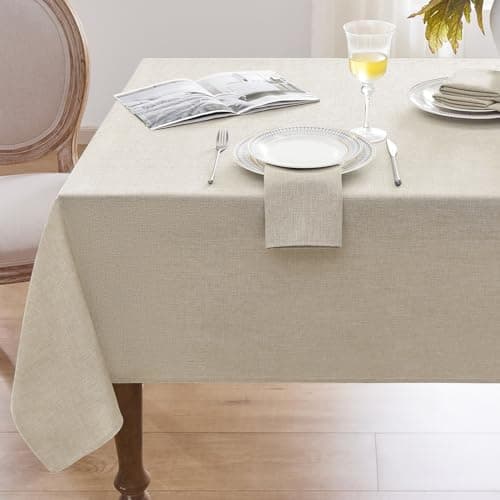 Image of Softalker Cream Table Cloth Rectangular 140x200 cm Faux Linen Wipeable Tablecloths Water Resistant Dining Table Cover Elegant for Coffee Outdoor Party Spring Garden Kitchen Small Tabletop Decoration
