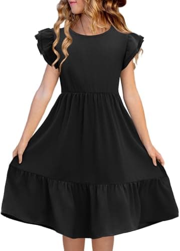 Image of Haloumoning Girls' Dresses Round Neck Plain Summer Dress Ruffle Sleeves A-line Princess Dress Casual Elegant Wedding Birthday Casual Dress Black 11-12 yesrs