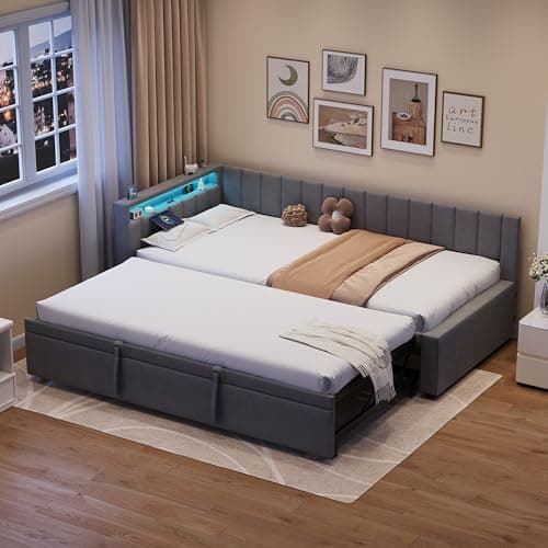 Image of Merax 3FT Single Velvet Daybed with Trundle, Sofa Bed with LED Lights & Charging Station, Upholstered Pull Out Guest Bed Frame for Living Room or Bedroom, Grey (No Mattress)