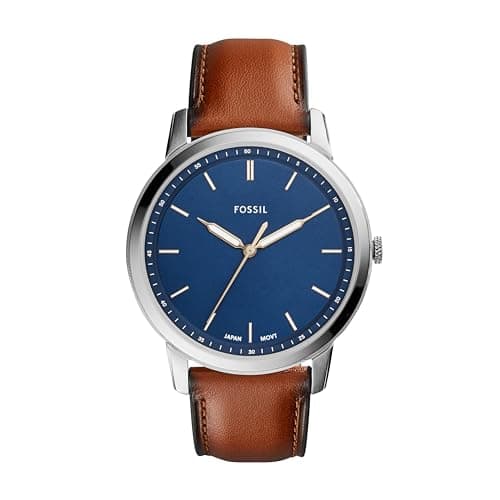 Image of Fossil The Minimalist Men's Quartz Watch with Blue Dial and Brown Leather Strap FS5304