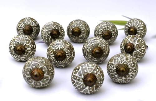Image of ARTISNO 12Pcs Grey and White Hand Painted Ceramic Knobs for Cupboard Door Drawer Furniture Handles for Kitchen Bathroom Cabinet Dresser Handmade Pottery Decorative Knobs