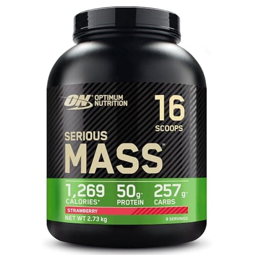 Image of Optimum Nutrition Serious Mass Protein Powder High Calorie Mass Gainer with Vitamins, Creatine and Glutamine, Strawberry, 8 Servings, 2.73 kg, Packaging May Vary