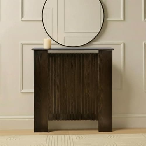Image of OHS Small Radiator Cover Ribbed, Modern Slatted Front MDF Cabinet Decorative Heater Cover with Top Shelf Radiator Covers for Living Room Bedroom Hallway, Dark Wood - 78 x 82 x 19cm