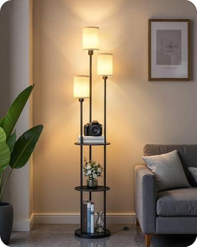 Image of GOEBLESON Floor Lamp with Shelves, Industrial Floor Lamp with 3 Linen Shades and Foot Switch, 3-Light Standing Lamp, for Living Room, Bedroom, Study, Black and Beige ZE53LDK05