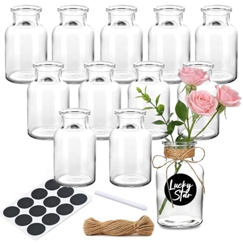 Image of 12PCS Small Glass Bud Vases, 125ml Small Glass Vase Set Clear Bud Vases, with 5m Jute Twine, 8 stickers and a pen, for Wedding Home Decor Table Centerpieces Party Desktop
