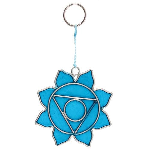 Image of Handmade Throat Chakra Symbol Mini Suncatcher - 7cm x 6.5cm (1 Pc.) - Light Blue Glass Suncatcher - Perfect for Home Decor & Gift