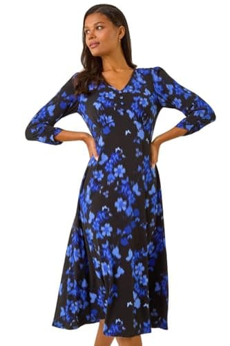 Image of Roman Originals Swing Dress Women UK Ladies Skater Tea Midi A Line Fit & Flare Winter Autumn Casual Smart Cocktail Party Going Out Work Buttons - Royal Blue - Size 20