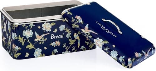 Image of VQ Laura Ashley Large Bread Bins for Kitchen with Removable Lid Bread Storage Containers for Freshness & Style - Stainless Steel BreadBin with Hand-Applied Designer Print - Elveden Navy