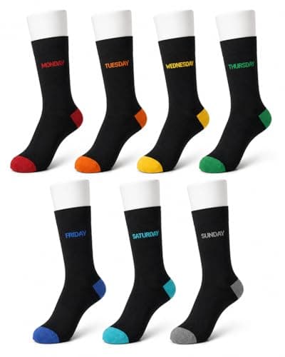 Image of MAYAR STYLES® 7 Pairs Days of the Week Socks, Cotton Rich Black Everyday Socks, Monday to Sunday Colour Toe Heel Design, Soft Comfortable Casual Crew Socks for Men Women, 50% Cotton