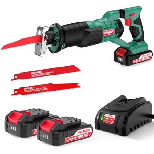 Image of HYCHIKA Cordless Reciprocating Saw, 18V Brushless Electric Saws, 0-2800SPM Variable Speed Electric Saw with 2x2000mAh Batteries, 2 PCS Saw Blades, Fast Charger, LED Light,for Wood Metal PVC Cutting