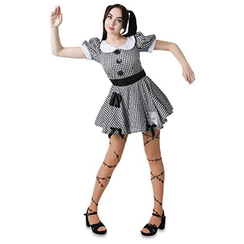 Image of Ladies Ragdoll Halloween Costume - Medium - Black and White Gingham Dress with Black Patches - Adults Broken Doll Halloween Trick or Treat Fancy Dress Costume