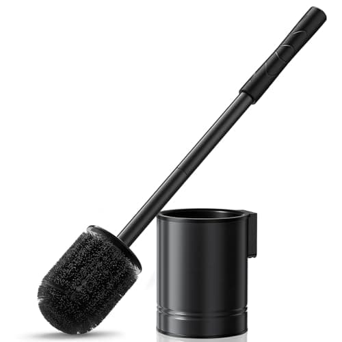 Image of HAMITOR Toilet Brush and Holder Set: Black Stainless Steel Wall-Mounted Toilet Cleaner Brush for Compact Bathroom – Durable and Space-Saving Loo Brushes for Small Homeowners & Renters, 1 Pack