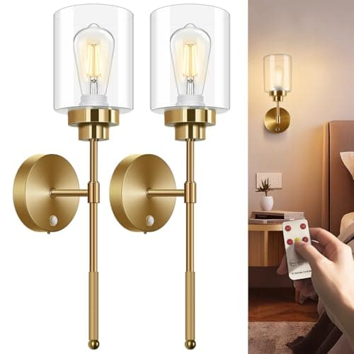 Image of slochi Battery Operated Wall Sconce Set of 2, Wireless 5200mAh Rechargeable Wall Lights with Remote, Dimmable Wireless Wall Sconces for Bedroom, Living Room, and Hallway (Gold)