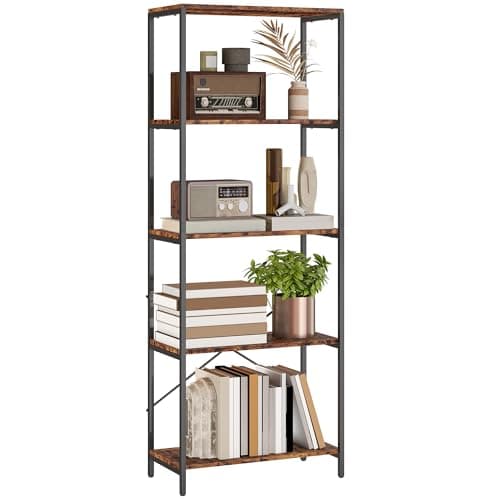 Image of HOMCOM 5-Tier Bookshelf, Industrial Bookcase, Floor Standing Book Shelf with Metal Frame, Wide Storage Rack for Living Room, Home Office and Bedroom, 79 x 35 x 161 cm, Rustic Brown and Black
