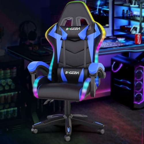Image of Ergonomic Gaming Chair with LED Lights, Headrest, Lumbar Support, Reclining Backrest, and Adjustable Height for Adults (With Led Light, Blue)