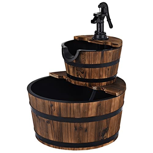 Image of TANGZON Wooden Water Pump Fountain, Electric 2-Tier Barrel Waterfall Fountain with Adjustable Water Flow Speed, Plastic Lining & Water Hose, Outdoor 19L Cascading Feature Barrel for Garden Patio Yard