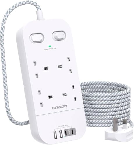 Image of 4 Way Surge Protected Extension Lead with USB Slots – Multi Plug Power Strip Extension Cable with Double Switches, Plug Extension Socket 1.8M Braided Extension Cord for Home Office Accessories