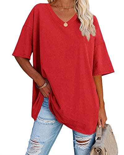 Image of Ebifin Women's Oversized T Shirts Half Sleeve Plain V Neck T Shirt Basic Tees Loose Cotton Tunic Tops.Red.L