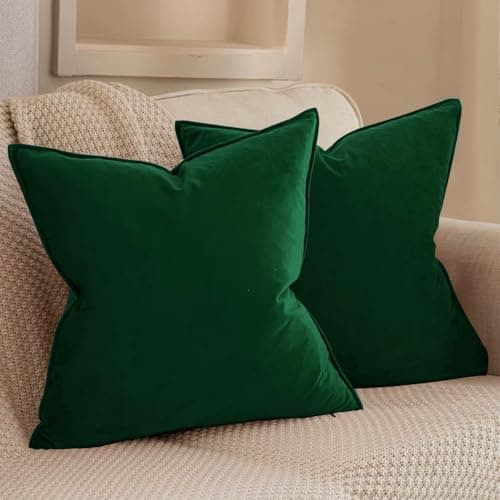 Image of VAKADO Christmas Cushion Covers Velvet Dark Green Decorative Pillow Covers With Fringe Decor Soft Square Cozy Solid Color Cushion Cases Home for Bed Bedroom Couch Car Sofa Set of 2,45x45