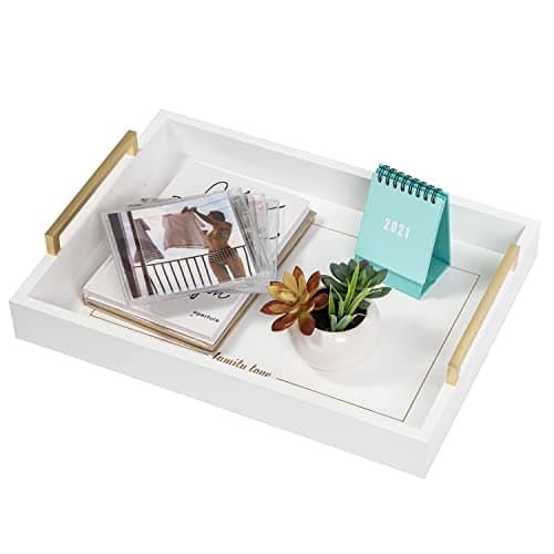Image of Decorative Coffee Table Ottoman Trays Farmhouse Wood Nesting Breakfast Serving Trays with Champagne Gold Handles -Drinks, Liquor Serving Platter--Can be Used to Hold Cheese Charcuterie Platter (Blue)