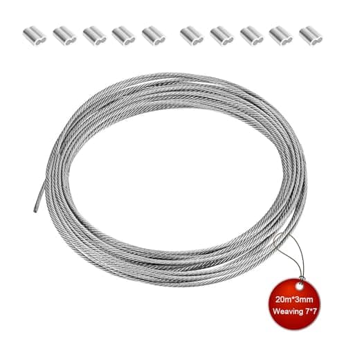 Image of HERKINDNESS 20m 3mm Stainless Steel Wire Rope Cable Kit with 7x7 Strand Core, Vinyl Coated Garden Rope with Thimble 10Pcs, for Picture Hanging, Fencing, Clotheslines, Lights & DIY Projects