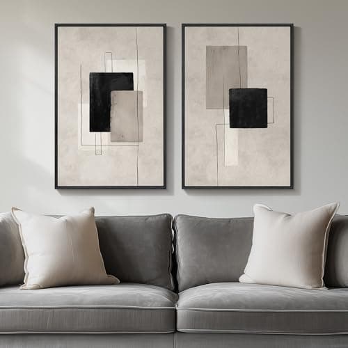 Image of Framed Neutral Abstract Wall Art Set of 2, Black Beige Modern Canvas Prints Paintings Artwork for Walls, Minimalist Block Lines Pictures for Living Room, Dining Room, Bedroom Wall Decor 16x24 In
