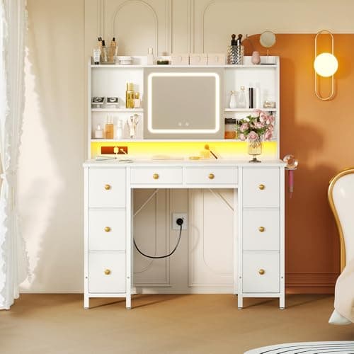 Image of ODK Dressing Table with 8 Drawers and Movable LED Mirror, Vanity Desk with Built-in USB Power Outlets & RGB Light Strip, Vanity Table with 4-Layer Adjustable Shelves, White makeup table 110×40×137cm