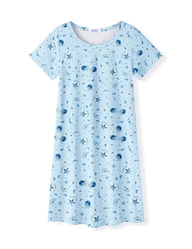 Image of Arshiner Girls' Short Sleeve Nighties Children's Blue Stars Nightdress Kids Summer Round Neck Sleep Dress Casual Loungewear 11-12 Years