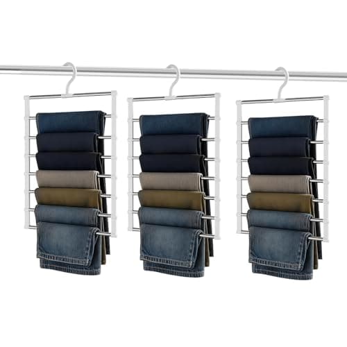 Image of 3 Pack Trouser Hangers - 7-Tier Stainless Steel Space Saving Hangers, Trouser Coat Hanger, University Dorm Essentials for Scarf Trousers Clothes Scarves Towels, Pants Holder, Jeans Multi Hanger