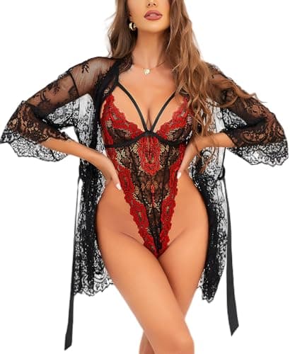 Image of RSLOVE Sexy Lingerie for Women - Lace Bodysuit with Robe Nightwear Set Mesh Sleepwear Black Red M