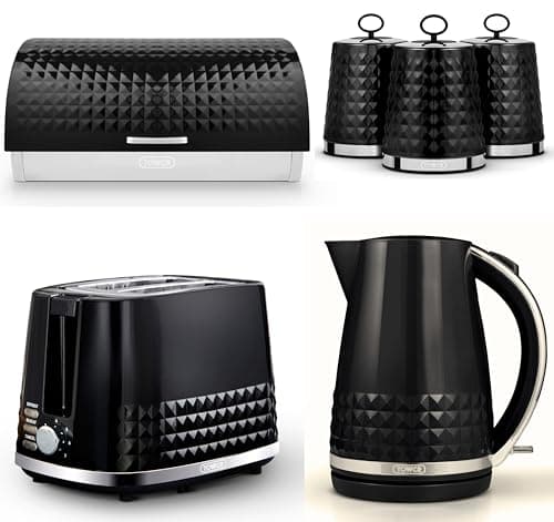 Image of TOWER Solitaire Black 1.5L 3KW Jug Kettle, 2 Slice Toaster Bread Bin & Canisters. Matching Contemporary Design Kitchen Set of 6 in Black