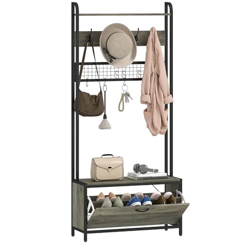Image of HOMCOM Coat Rack with Shoe Storage Bench and Grid Panel, Hall Tree, 5-In-1 Industrial Coat Rack Stand with Shoe Cabinet and 10 Hooks for Hallway, Entryway, Living Room, Grey