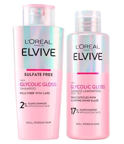 Image of L'Oréal Paris Elvive Glycolic Gloss Shampoo with Glycolic Acid for Porous and Dull Hair 200ml + 5 Minute Lamination Treatment Seals Cuticles and Intense Shine 200ml - 2 Bottles