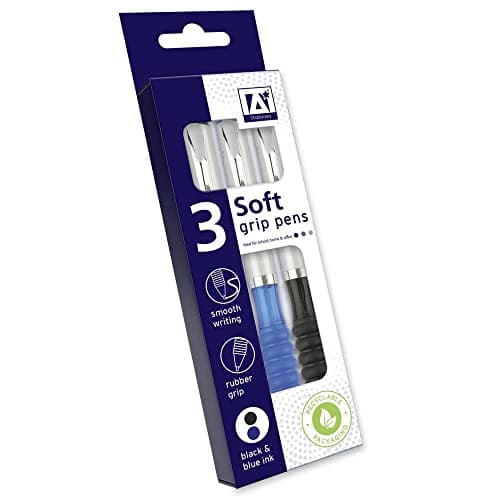 Image of BG Soft Rubber Grip Smooth Writing Pens, Blue & Black Ink - Pack of 3