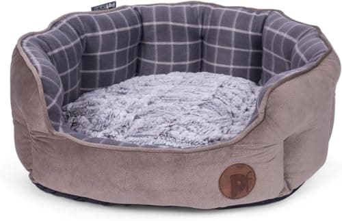 Image of Petface Check and Bamboo Oval Dog Bed with Reversible Cushion, Machine Washable, Large (Pack of 1)