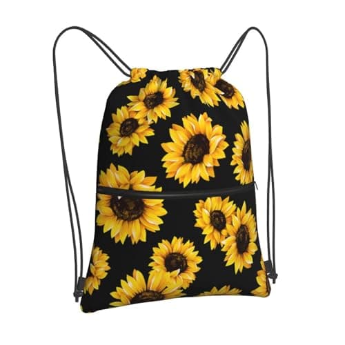 Image of Newhomestyle Summer Sunflower Drawstring Bags, Floral Backpack Bag for Girl & Women, Yellow Black Outdoor Sport Gym Sack String Bag, Adults Knapsack for Yoga Gym Travel Swimming Hiking Camping