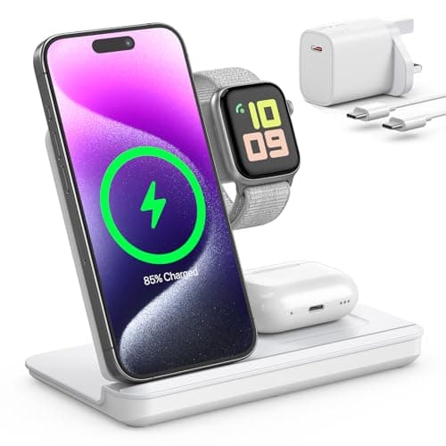 Image of Foldable 3 in 1 Wireless Charging Station for Apple Devices, Wireless Charger Stand with 20W PD Adapter for iPhone 17/16/15/14/13/12/11, Apple Watch & AirPods Charging Dock White