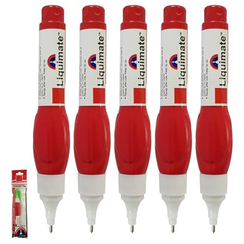 Image of LIQUIMATE Shake n Squeeze Precision Correction Pens, WHITE Fluid, 7ml, Pack of 5, Fine Needle Metal Tip, Quick Drying, Squeezable Barrel, iZOFAX Black Ball Pen