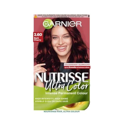 Image of Garnier Nutrisse Ultra Color Hair Dye, Vegan, 2.6 Dark Cherry Red. Achieve 100% grey coverage and a deep, luscious 8-week red colour. No-ammonia, vegan for a rich, vibrant dark cherry red finish.