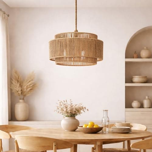 Image of Voltico Rattan Lampshade Pendant Light Shade 32cm Handwoven Wicker Ceiling Shade Boho Natural Rope Dome Lampshade for Living Room Bedroom Dining Room Easy Fit