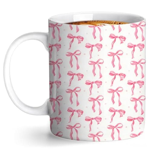 Image of zhongko Pink Bow Cup Ceramic Coffee Mug, 11oz Sublimation Design Tea Mug, Cute Bows Mug for Women, Ceramic Mug for Home & Office, Novelty Gift for Women, Girls, Friends