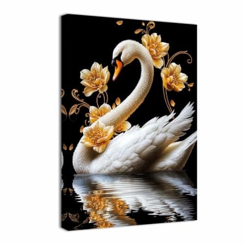Image of ZQQART White Swan Canvas Wall Art Vintage Swan Painting with Golden Lotus Flowers Pictures Elegant Painting for Living Room Decor Framed(Black,12L x 18W)
