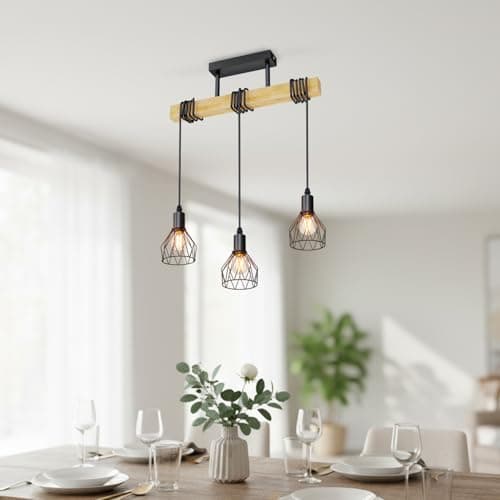 Image of LVWIT Black Pendant Lighting,Vintage Hanging Lights,Wood Ceiling Light Fitting,3 Way Kitchen Light Ceiling,Drop Lights Ceiling,Industrial Ceiling lamp for Lving and Dining Room(E14 Base,NO Bulbs)