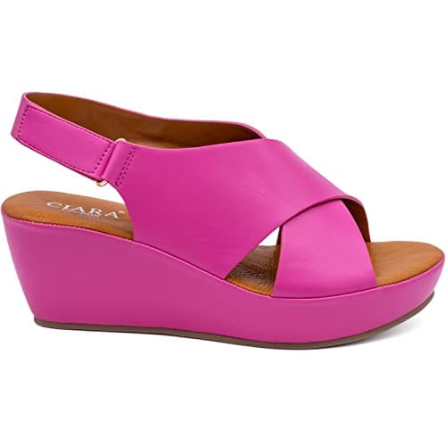 Image of CIARA LONDON Ladies Fuchsia Open Toe Slip On Mid Heel Wedge Hook And Loop Casual Summer Sandals UK 4