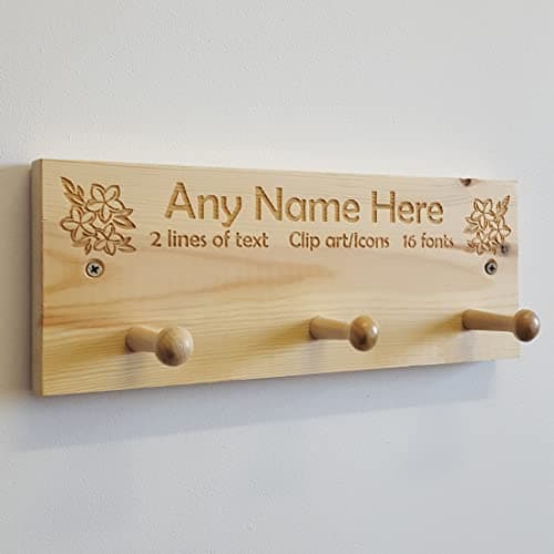 Image of Cutncraft Designs Personalised Shaker Peg Rail - Personalized Wooden Coat Hooks with Laser Engraved - Add Your Text and Clip Arts 30 x 12cm (11.8" x 4.7")