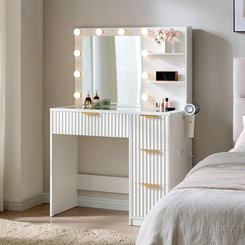 Image of LUXOAK Fluted Dressing Table with Mirror and Adjustable LED Lights, 4 Spacious Drawers Makeup Vanity with Glass Top & Charging Station for Women & Girls, Bedroom or Student Accommodation, White
